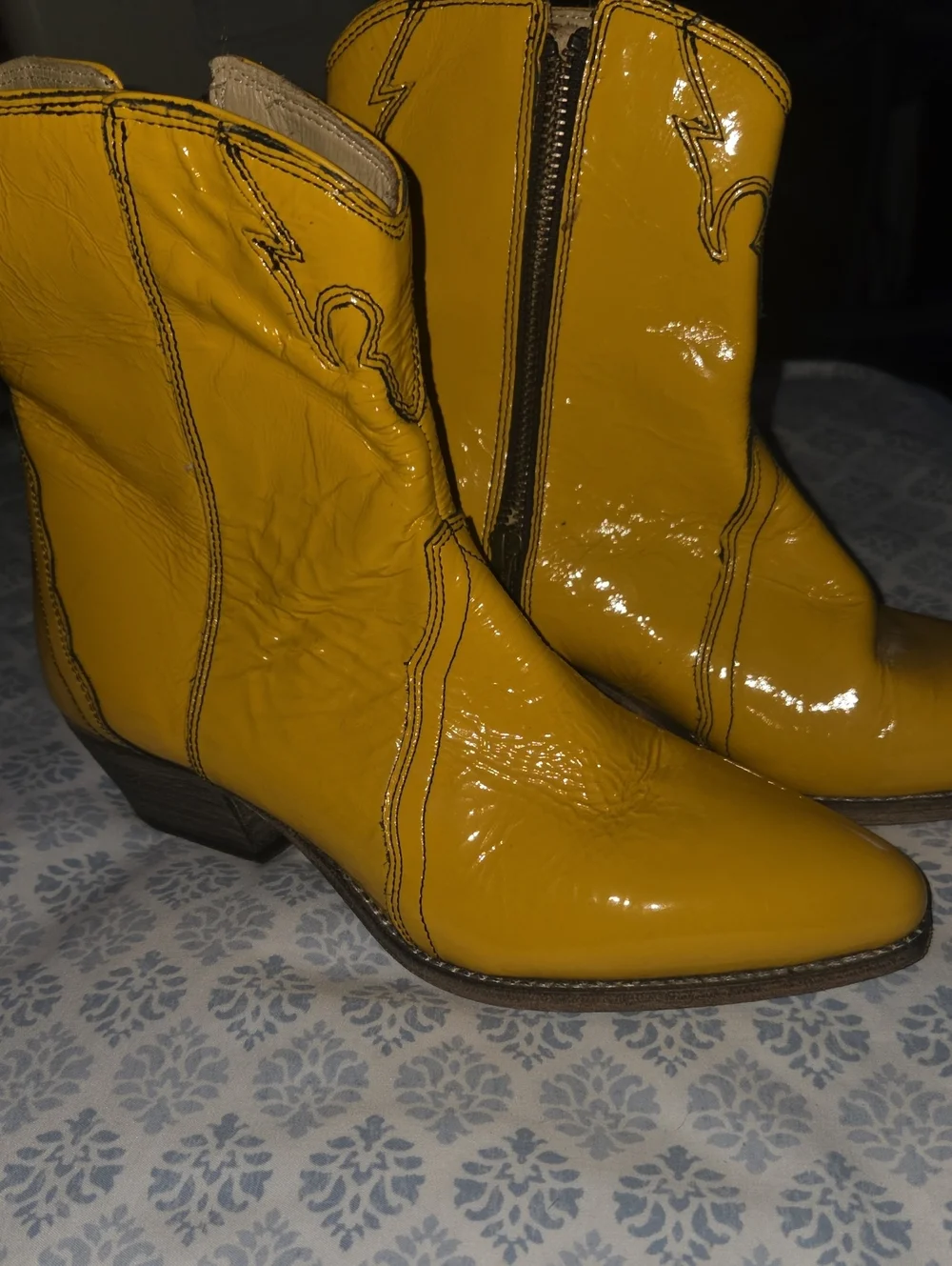 Free People Glossy Yellow Patent Western Ankle Boots